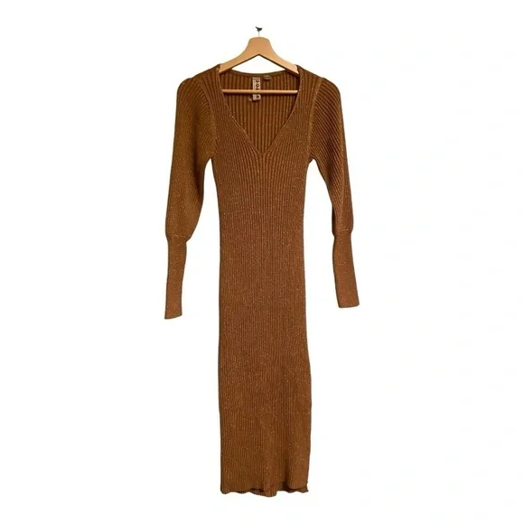 Dolan metallic gold v neck long bishop sleeve ribbed knit sweater dress - Picture 6 of 10